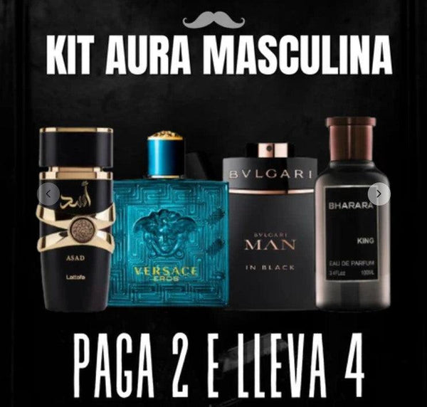 [Kit Aura Masculina] 4 Perfumes Premium: ASAD | BHARARA | VERSACE| BVLGARI + REGALO Tienda Colombia