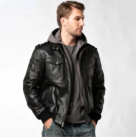 CHAQUETA DE CUERO MASCULINA CON CAPUCHA REMOVIBLE - PROMOCIÓN DE INVIERNO - Offertienda