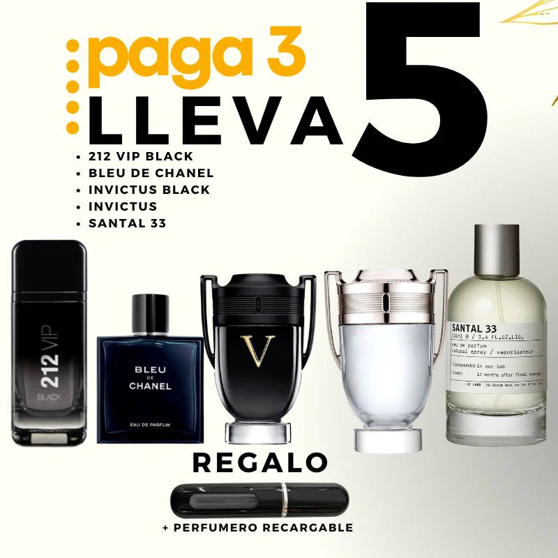 5 PERFUMES + 1 REGALO (Invictus Black + Invictus + santal33 + vip black + bleu + perfumero)